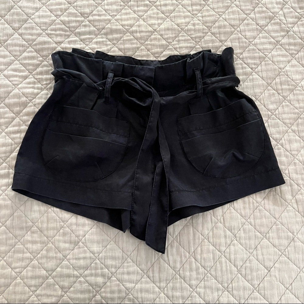 Black Linen Paper Bag Waist Shorts